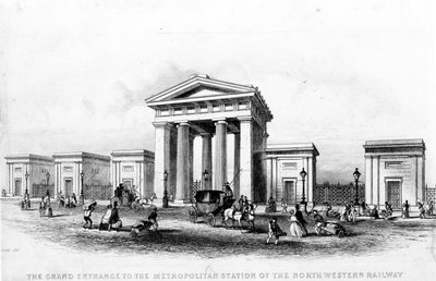 The Grand Entrance of the Metropolitan Station of the North Western Railway, engraved by Alfred Ashley by Joseph Francis Burrel